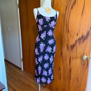 bebe Black Slip Midi Dress with Lavender Floral Print